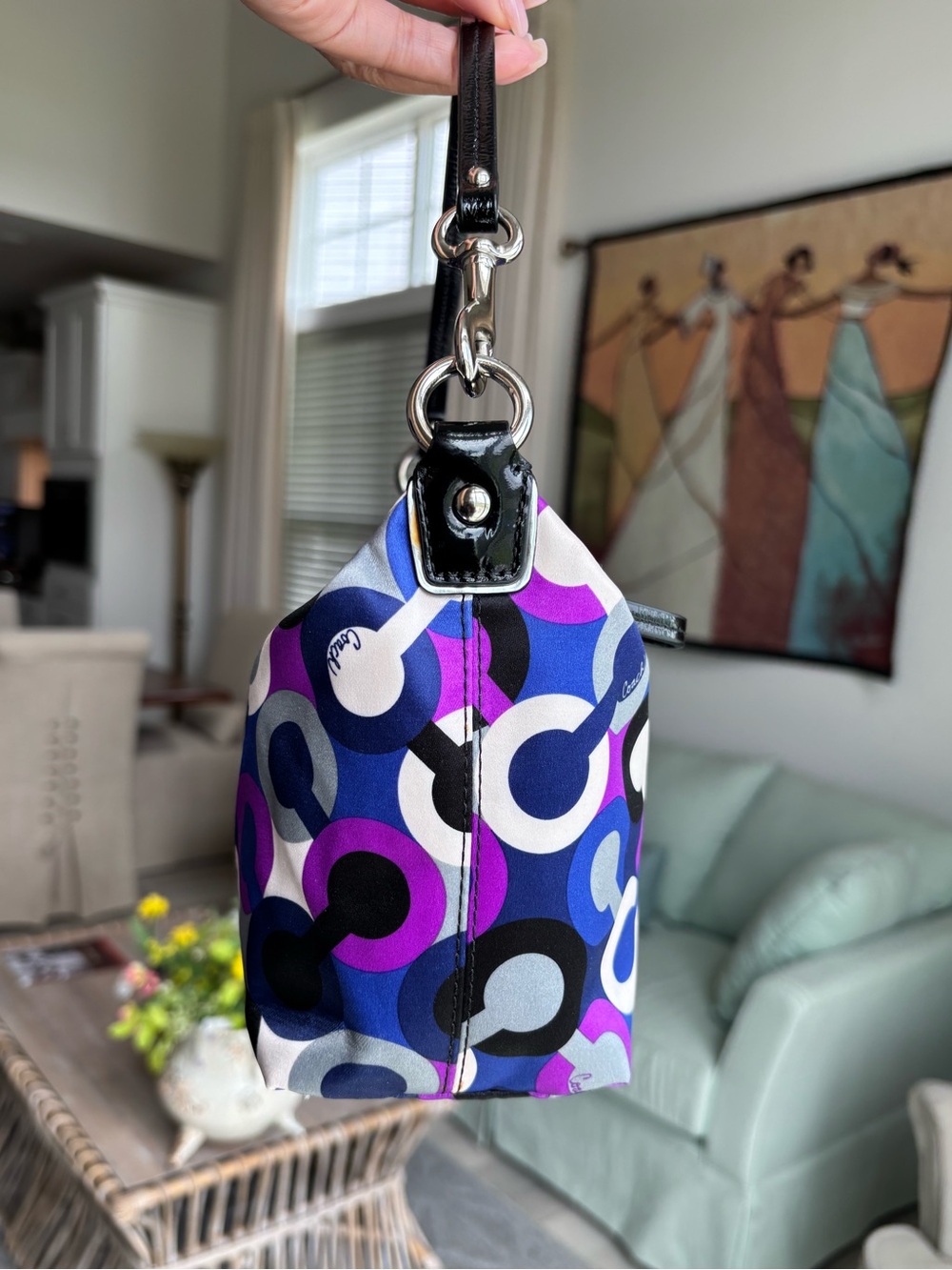 💙🖤💜COACH Alex Op Art Purple Multiprint Wristlet Mini Bag💜🖤💙 - Picture 6 of 13